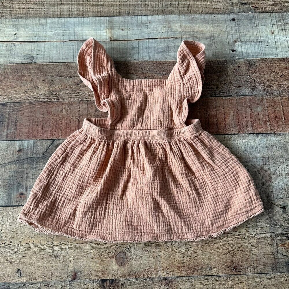 Rabbit and Bear Girls Pinafore Ruffle Apron Top in Earthtones Tan Cotton Muslin